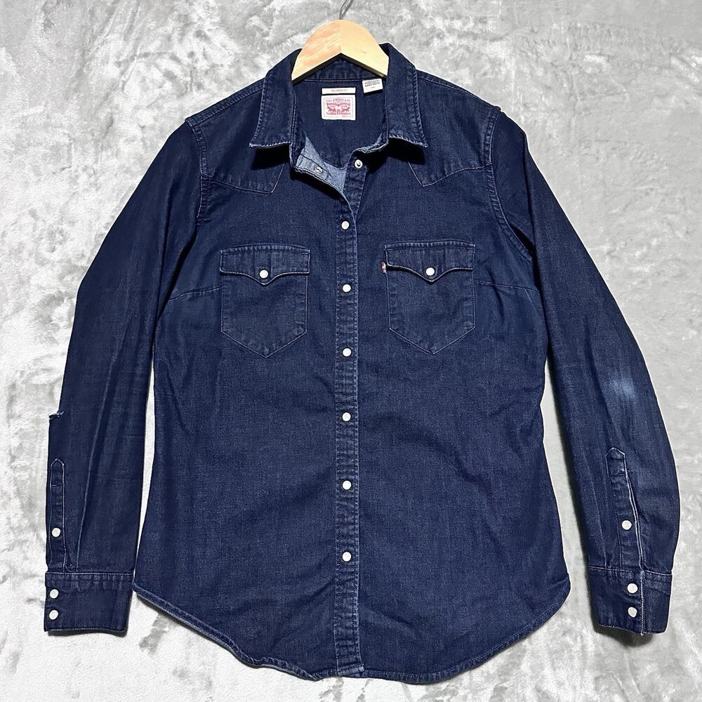 Levis Womens Tailored Fit Pearl Snap Dark Blue Wash Denim Shirt Distressed Sz L
